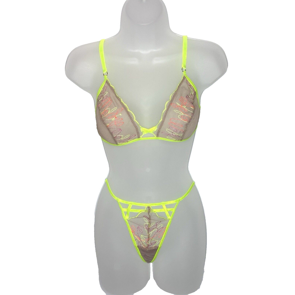 Venus Women's Bra and Panty Thong Set Lingerie Sheer Mesh Neon Pop NWOT Size M
